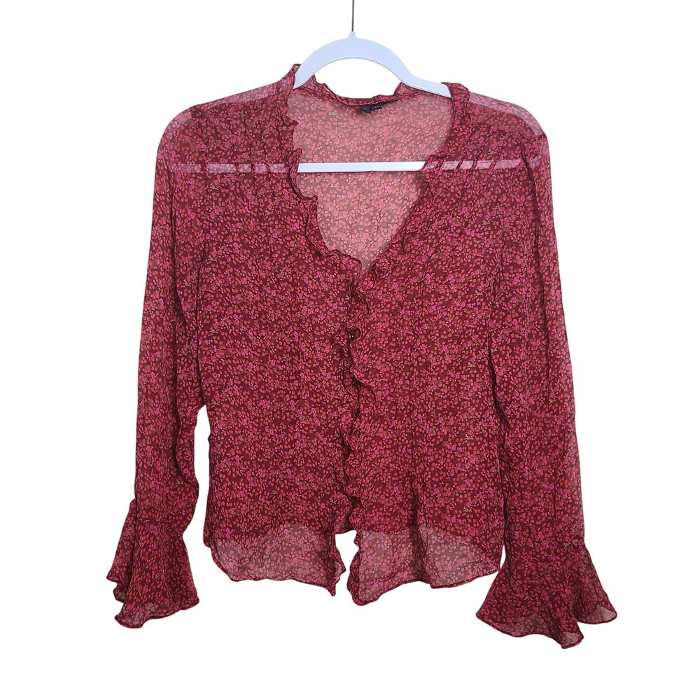 Red Floral Sheer Ruffle Blouse‎ Top L Romantic Dark Coquette Whimsical Boho Sade